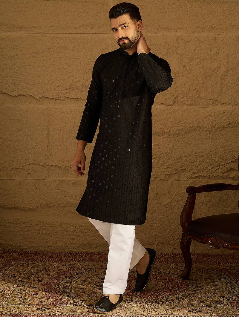 Men black viscose rayon solid embroidered straight kurta with trouser