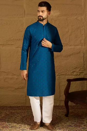 Men blue viscose rayon solid embroidered straight kurta with trouser