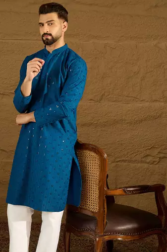 Men blue viscose rayon solid embroidered straight kurta with trouser
