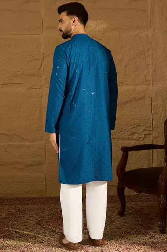 Men blue viscose rayon solid embroidered straight kurta with trouser