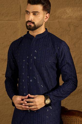 Men navy blue viscose rayon solid embroidered straight kurta with trouser