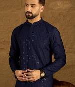 Men navy blue viscose rayon solid embroidered straight kurta with trouser