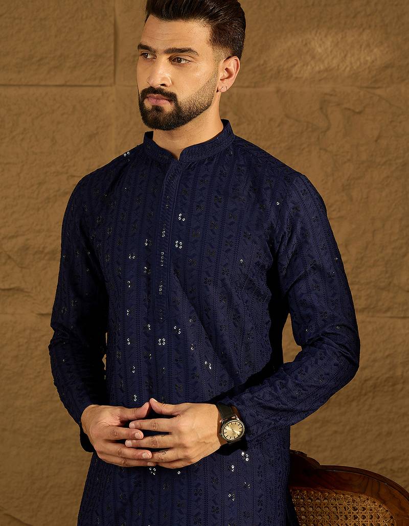 Men navy blue viscose rayon solid embroidered straight kurta with trouser