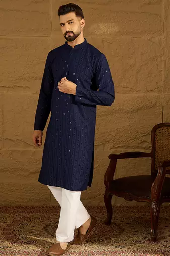 Men navy blue viscose rayon solid embroidered straight kurta with trouser
