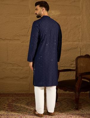 Men navy blue viscose rayon solid embroidered straight kurta with trouser 4