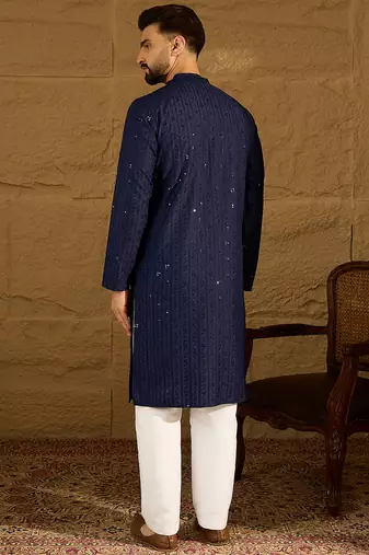 Men navy blue viscose rayon solid embroidered straight kurta with trouser