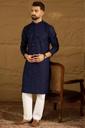 Men navy blue viscose rayon solid embroidered straight kurta with trouser