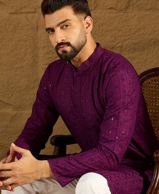 Men purple viscose rayon solid embroidered straight kurta with trouser 1