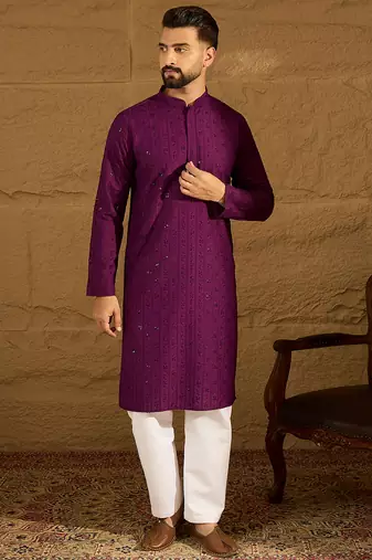 Men purple viscose rayon solid embroidered straight kurta with trouser