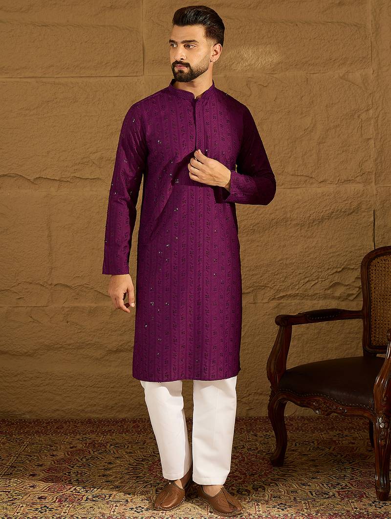 Men purple viscose rayon solid embroidered straight kurta with trouser