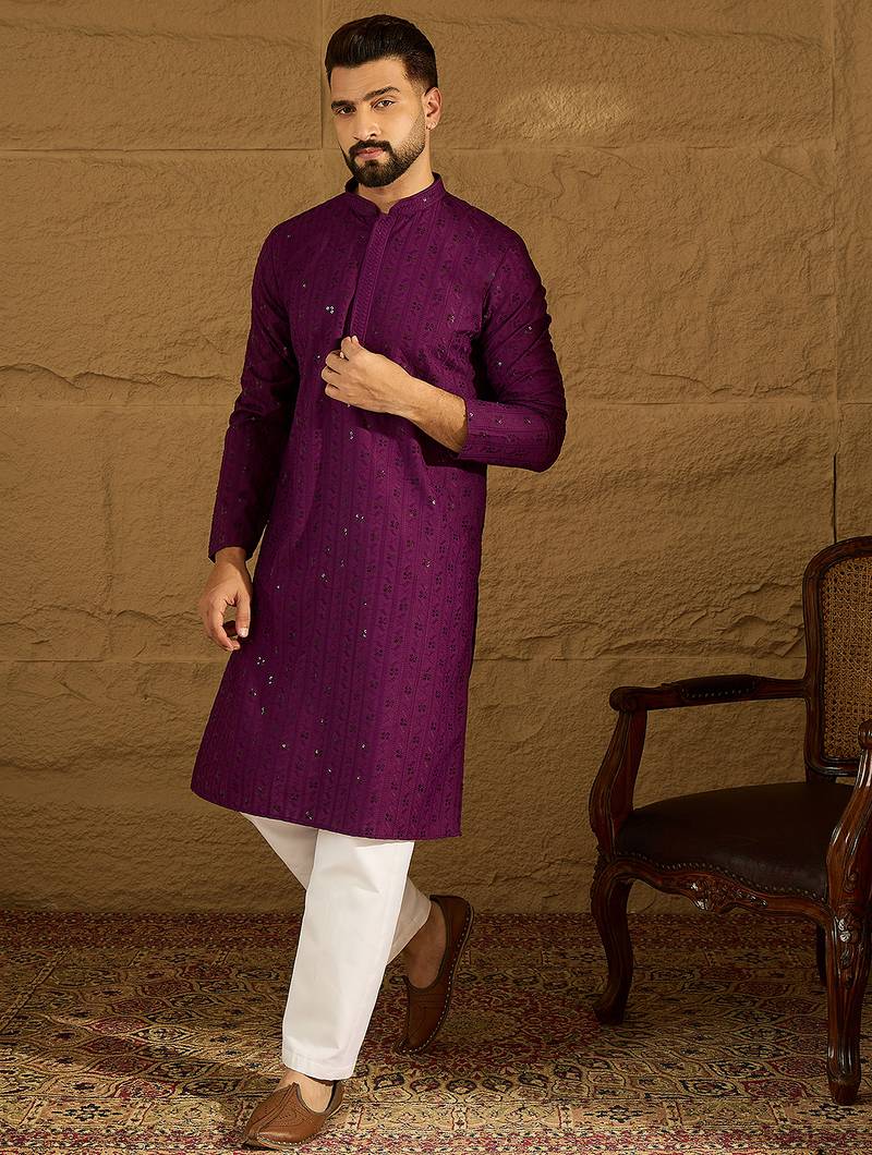 Men purple viscose rayon solid embroidered straight kurta with trouser