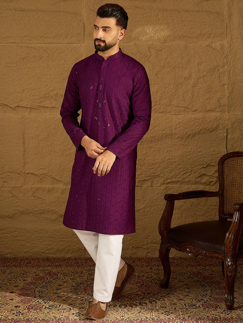 Men purple viscose rayon solid embroidered straight kurta with trouser
