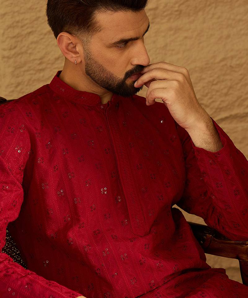 Men maroon viscose rayon solid embroidered straight kurta with trouser