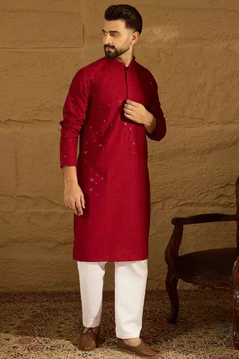 Men maroon viscose rayon solid embroidered straight kurta with trouser