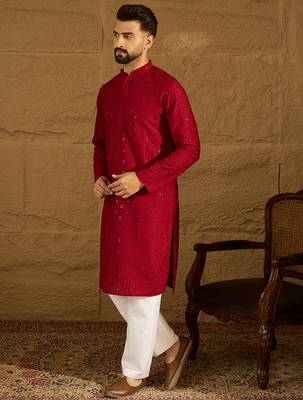 Men maroon viscose rayon solid embroidered straight kurta with trouser 3