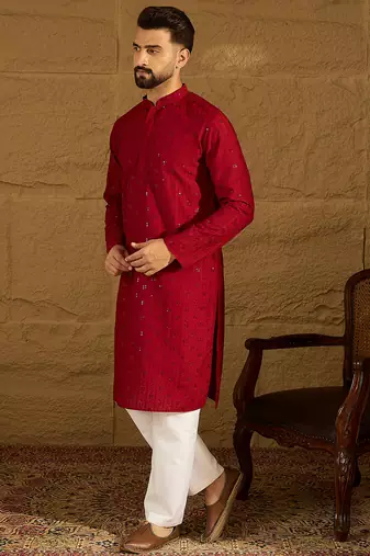 Men maroon viscose rayon solid embroidered straight kurta with trouser