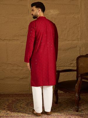 Men maroon viscose rayon solid embroidered straight kurta with trouser 4