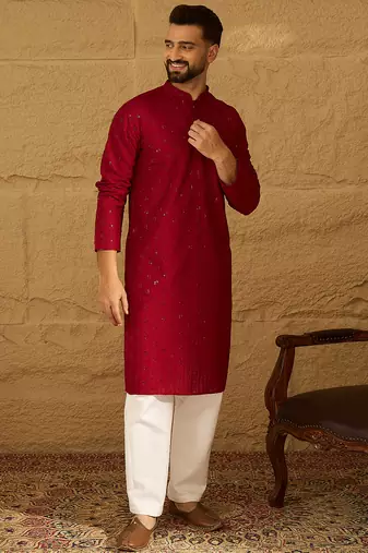 Men maroon viscose rayon solid embroidered straight kurta with trouser