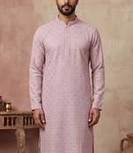 Men purple viscose rayon solid embroidered straight kurta with trouser