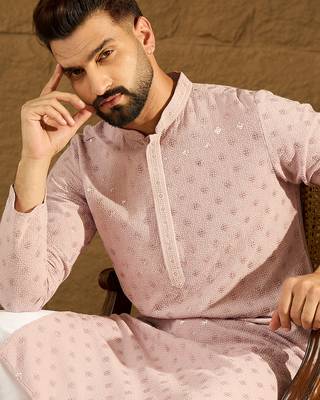 Men purple viscose rayon solid embroidered straight kurta with trouser 1