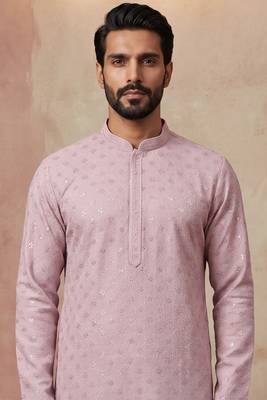 Men purple viscose rayon solid embroidered straight kurta with trouser 2