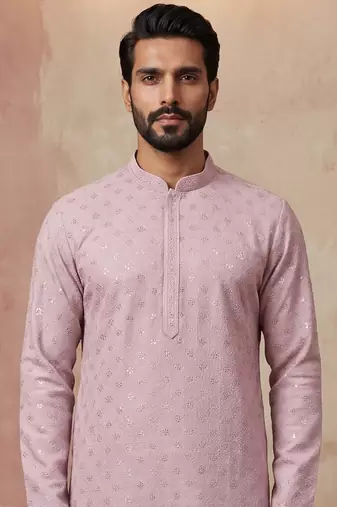 Men purple viscose rayon solid embroidered straight kurta with trouser