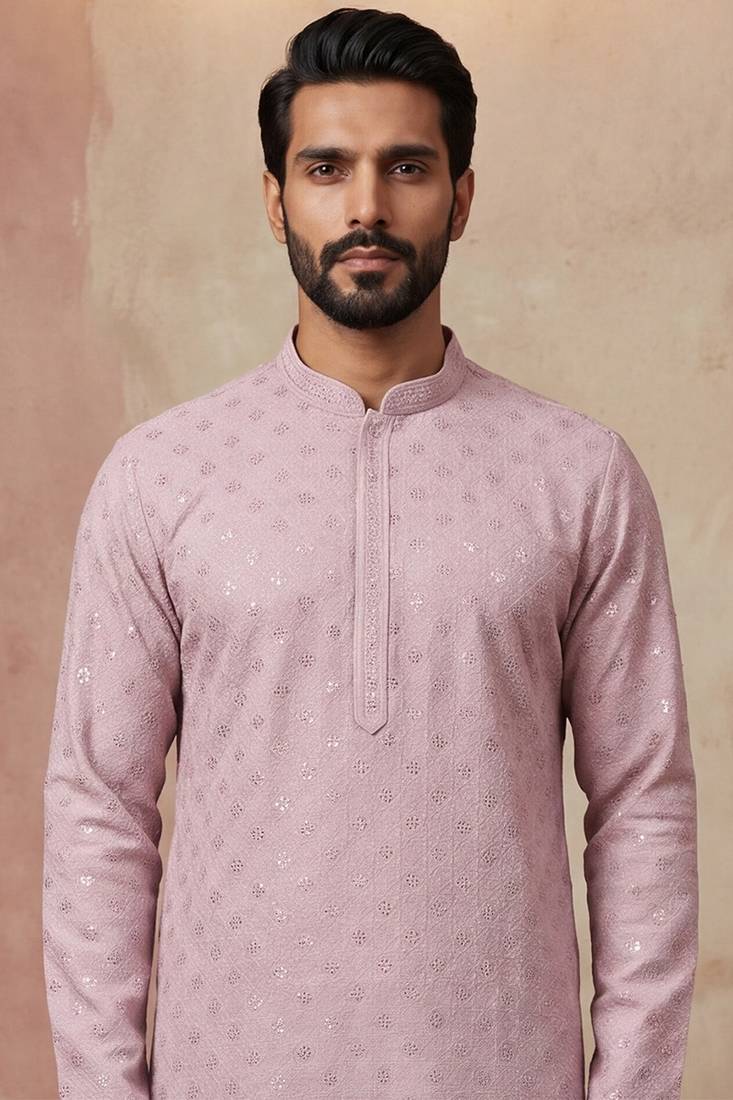 Men purple viscose rayon solid embroidered straight kurta with trouser