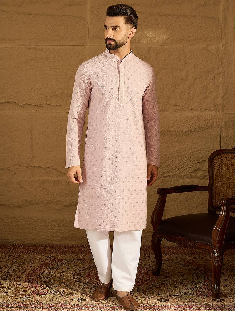 Men purple viscose rayon solid embroidered straight kurta with trouser