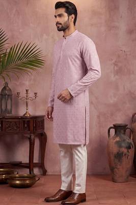 Men purple viscose rayon solid embroidered straight kurta with trouser 3