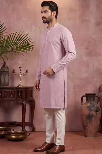 Men purple viscose rayon solid embroidered straight kurta with trouser