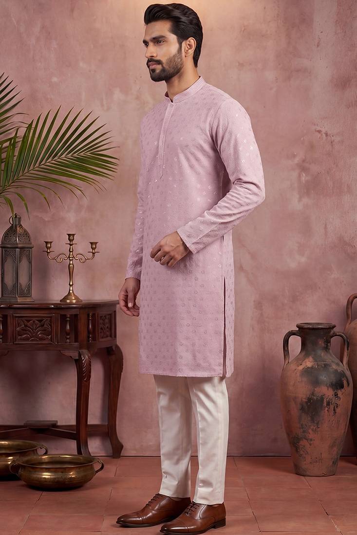 Men purple viscose rayon solid embroidered straight kurta with trouser