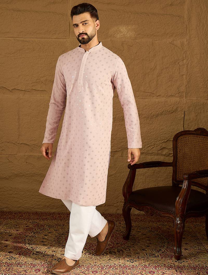 Men purple viscose rayon solid embroidered straight kurta with trouser