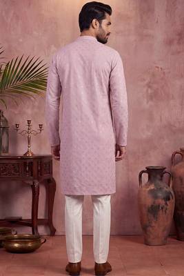 Men purple viscose rayon solid embroidered straight kurta with trouser 4