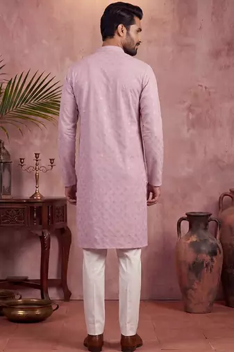 Men purple viscose rayon solid embroidered straight kurta with trouser