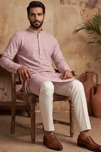 Men purple viscose rayon solid embroidered straight kurta with trouser