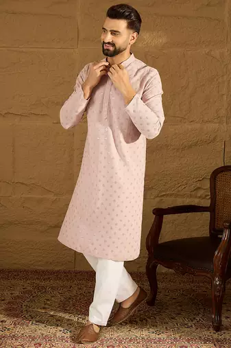 Men purple viscose rayon solid embroidered straight kurta with trouser