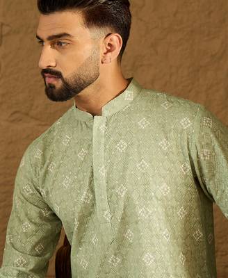 Men green viscose rayon bandhani embroidered straight kurta with trouser 1