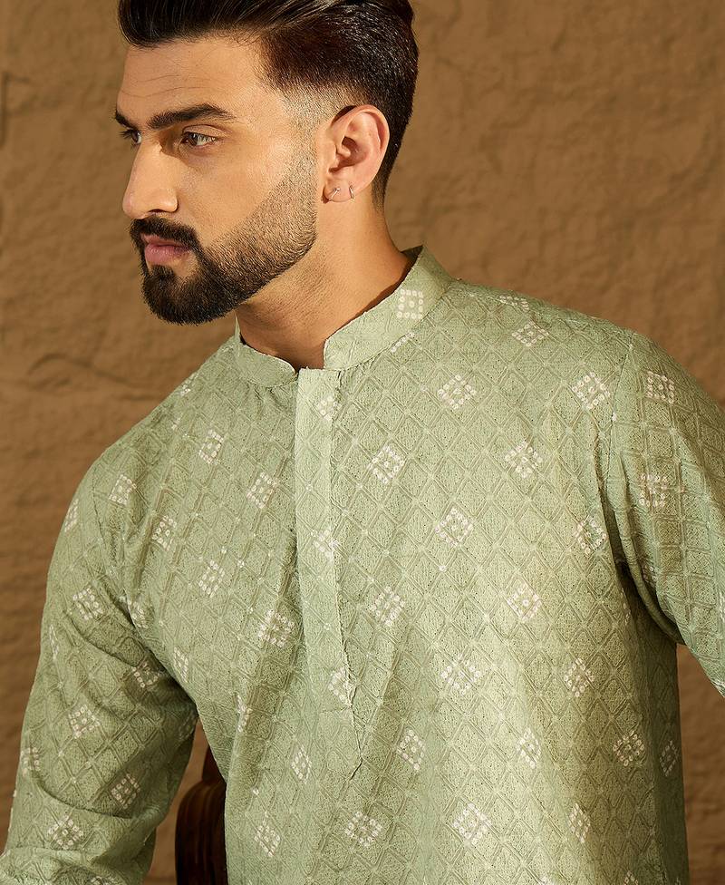 Men green viscose rayon bandhani embroidered straight kurta with trouser