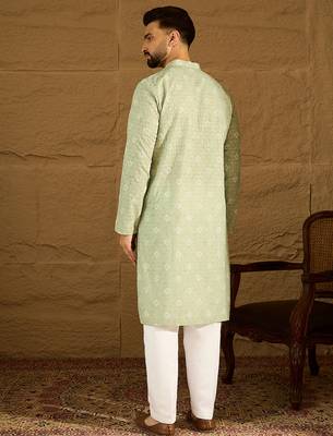 Men green viscose rayon bandhani embroidered straight kurta with trouser 4