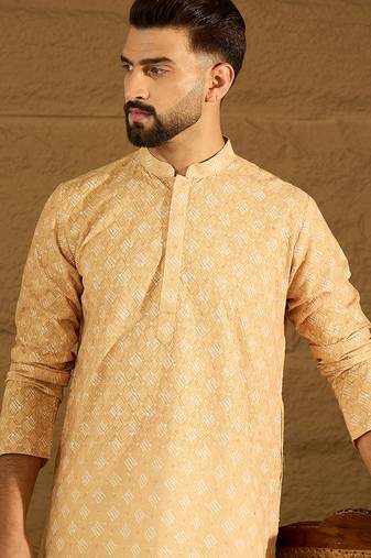Men yellow viscose rayon bandhani embroidered straight kurta with trouser