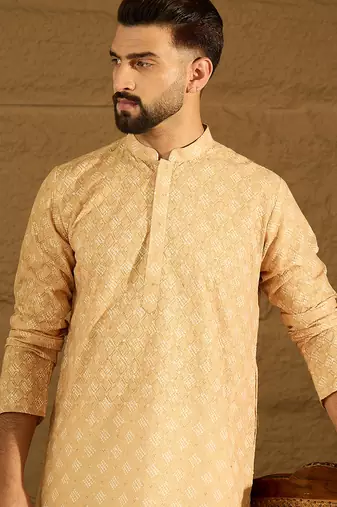 Men yellow viscose rayon bandhani embroidered straight kurta with trouser