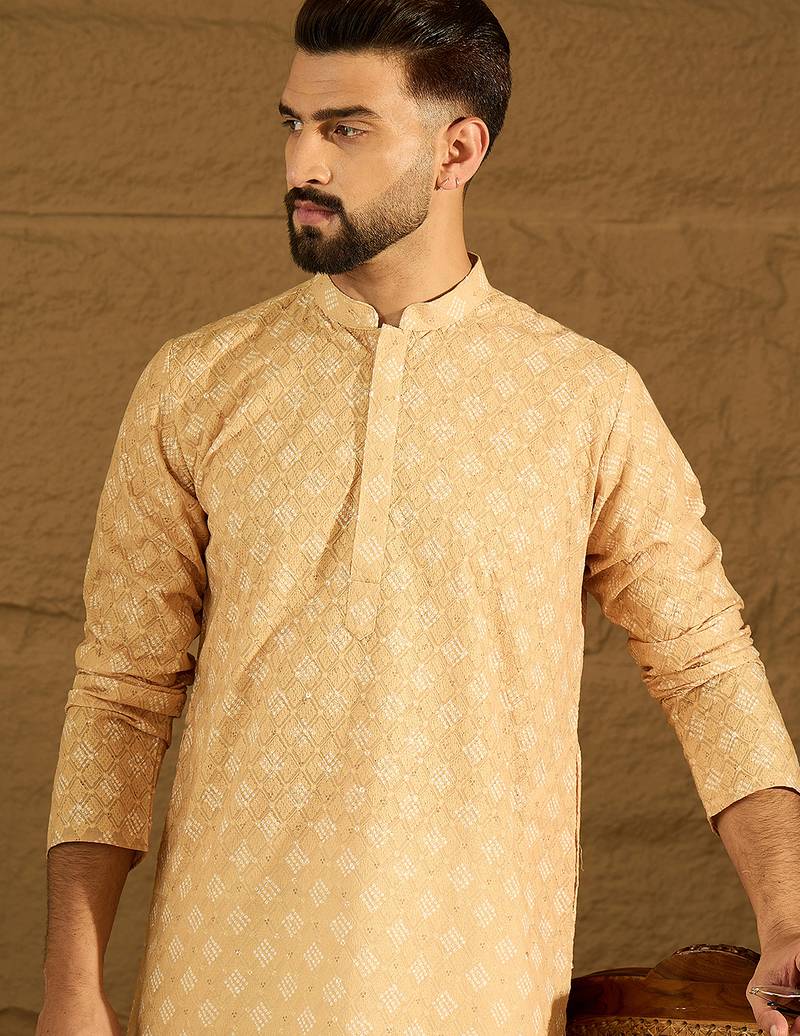 Men yellow viscose rayon bandhani embroidered straight kurta with trouser