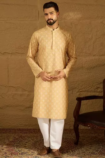 Men yellow viscose rayon bandhani embroidered straight kurta with trouser