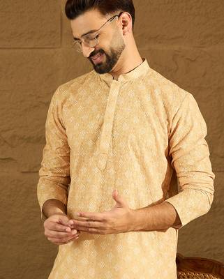 Men yellow viscose rayon bandhani embroidered straight kurta with trouser 3