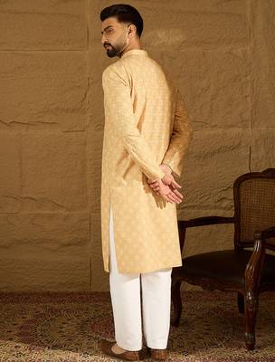 Men yellow viscose rayon bandhani embroidered straight kurta with trouser 4
