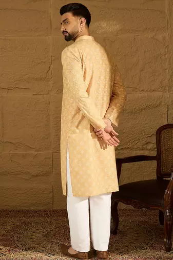 Men yellow viscose rayon bandhani embroidered straight kurta with trouser