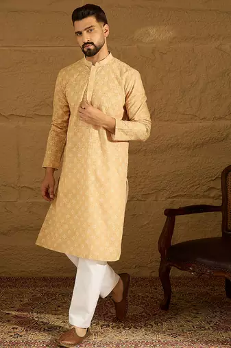 Men yellow viscose rayon bandhani embroidered straight kurta with trouser