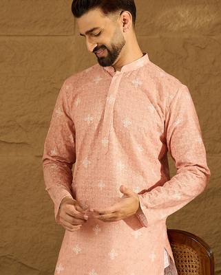Men peach viscose rayon bandhani embroidered straight kurta with trouser 1