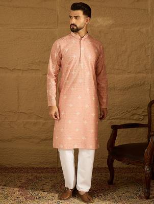 Men peach viscose rayon bandhani embroidered straight kurta with trouser 2