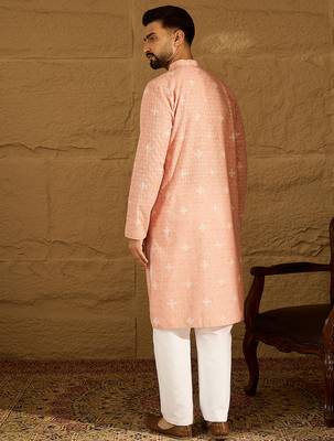 Men peach viscose rayon bandhani embroidered straight kurta with trouser 4
